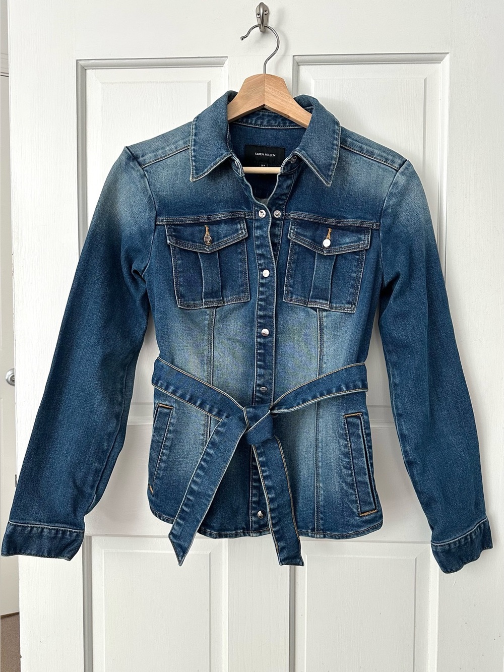 KAREN MILLEN Belted Blue Denim Jean Jacket Size 4